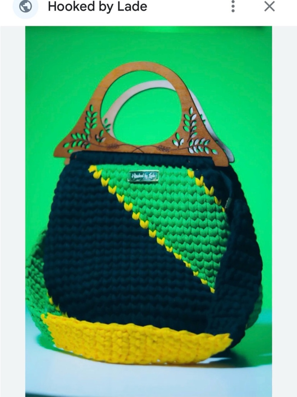 Handmade Green, Black & Yellow Crochet Handbag with Wooden Handles